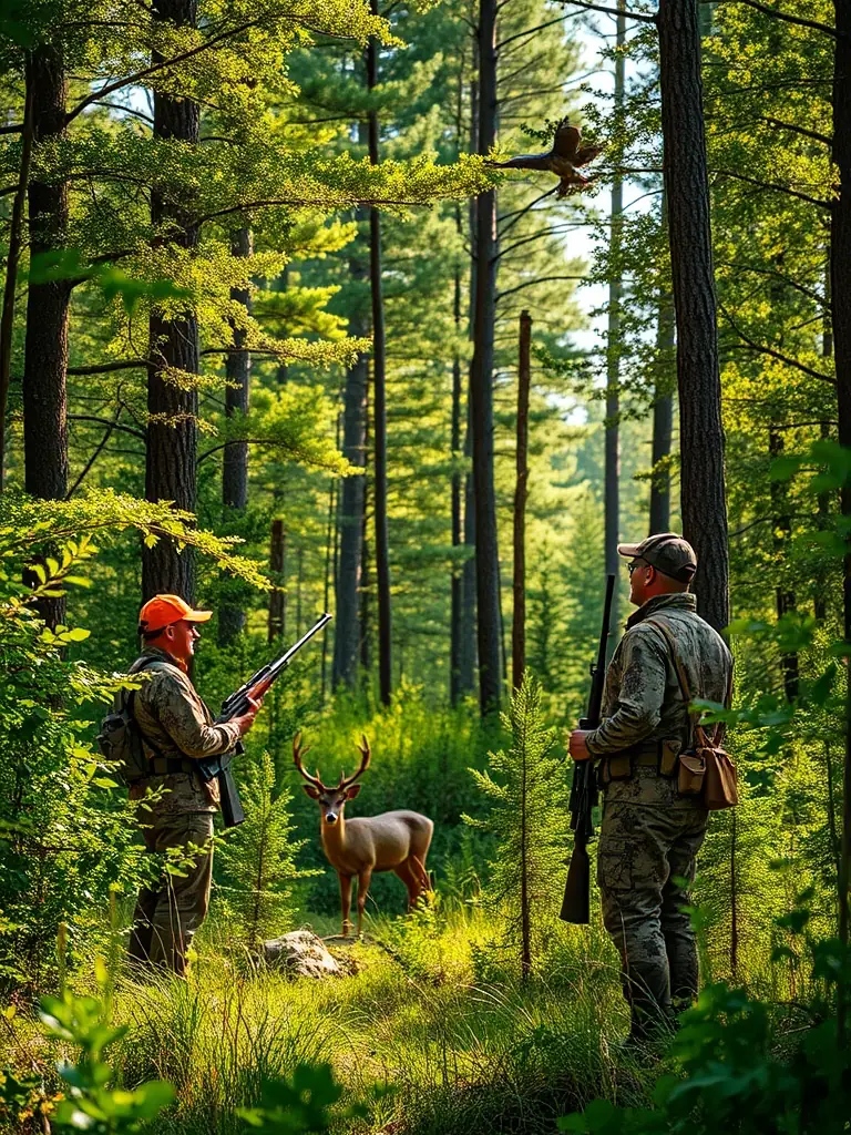 A group of hunters in camouflage gear walking through a forest during an ICABE organized hunting activity, showcasing responsible hunting practices.