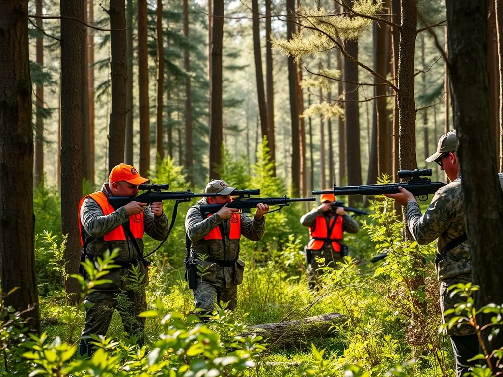 A group of hunters in camouflage gear during a hunting trip in a lush forest setting, showcasing ICABE's organized hunting activities.