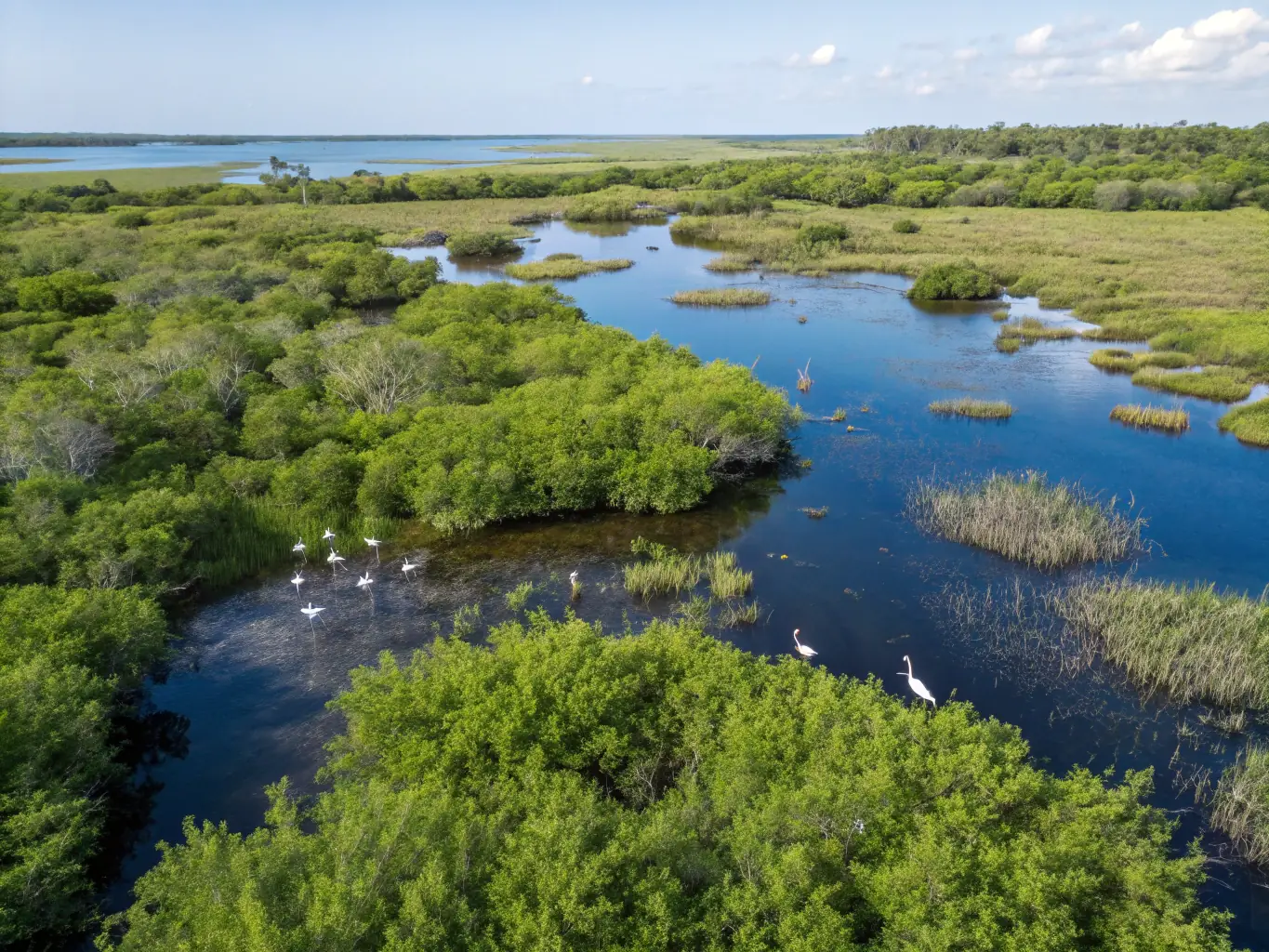 A scenic view of a wetland area with diverse bird species and lush vegetation, representing ICABE's commitment to wildlife support and development.